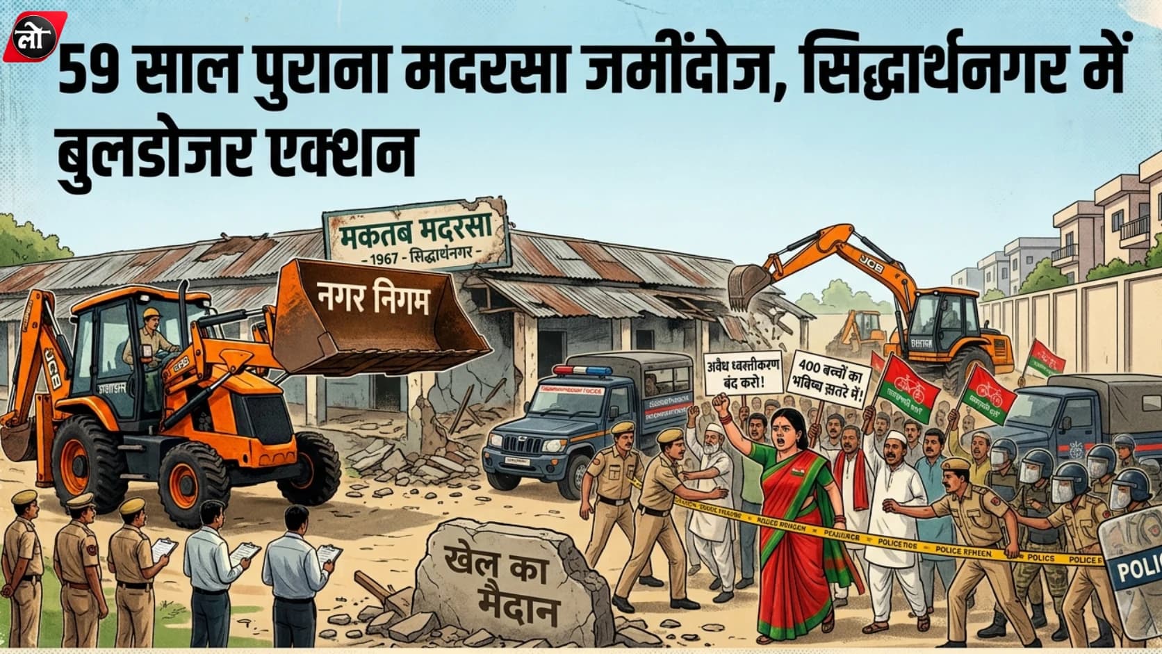 59 साल पुराने मदरसे पर चला बुलडोजर, 7 कमरे और दुकान ढहाई गईं; सपा नेताओं के विरोध से गरमाया माहौल